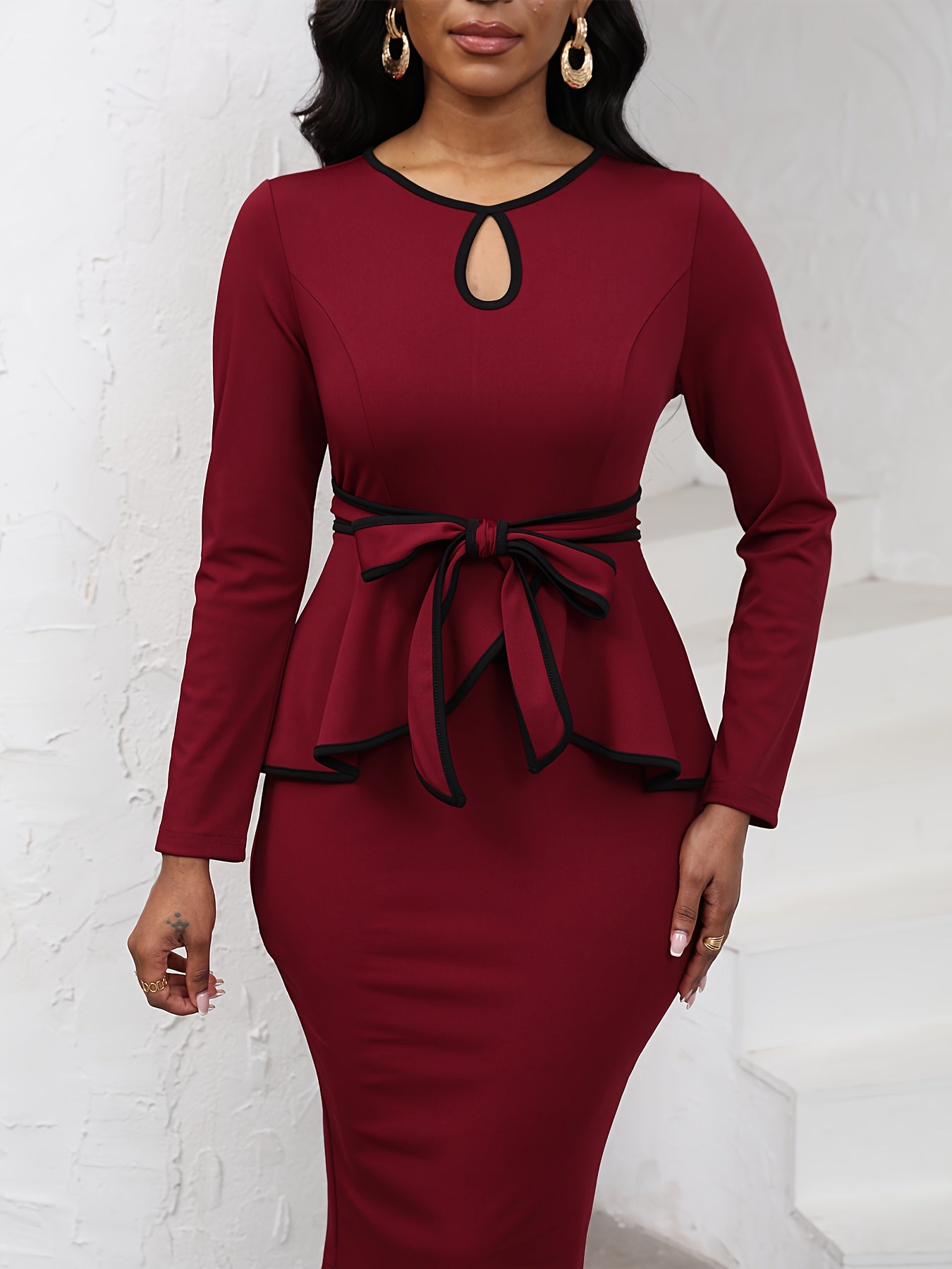 Women's Burgundy & Black Slim-Fit Long Sleeve Dress with Keyhole Neckline & Waist Tie Belt - A-Line Midi Wedding Guest Dress, Prom Dress, Pencil Silhouette, Elastic Waist Long Elegant Dresses, Dresses For Occasions, Elegant L