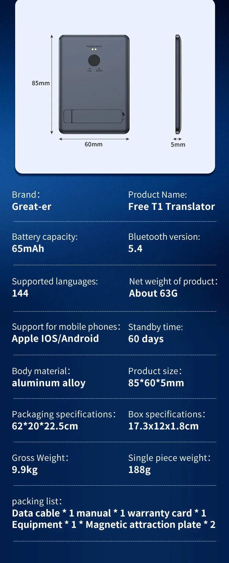Dispositif de traduction instantanée AI, support magnétique, traduction en ligne 144 langues, appels photos/vidéo en temps réel pour IOS Android - DOGOMET DIGITAL PLUS