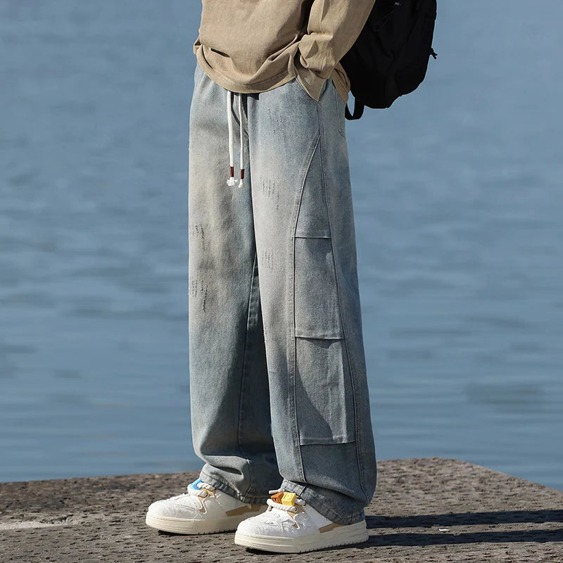 Jean pour hommes, style américain, vintage, délavé, épissage de plis, modèles de printemps et d'automne, pantalons droits amples