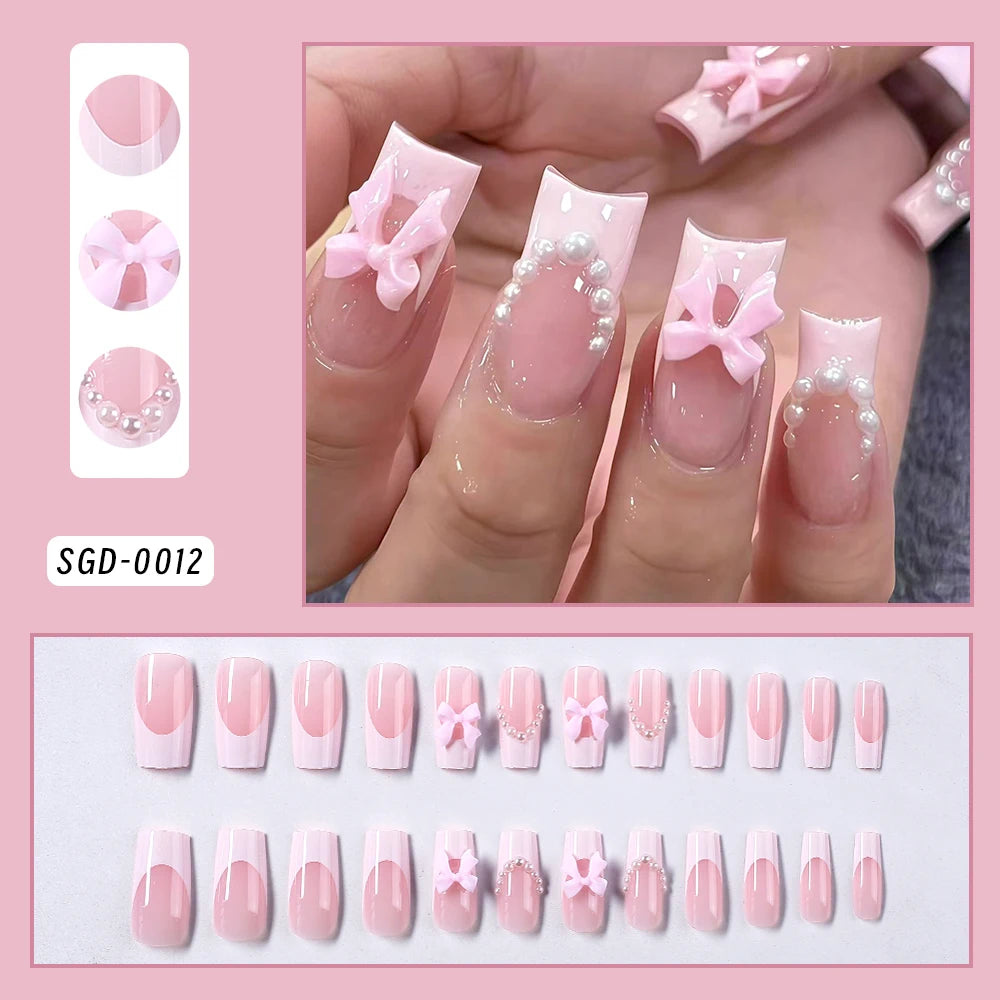 Faux ongles français imprimé léopard rose, 24 pièces, tête carrée courte, nœud papillon noir 3D, couverture complète en acrylique, à pression