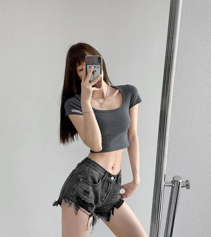 Short en Jean déchiré pour femmes, pantalon court Vintage, Jorts, Design extensible, tendance, élastique esthétique, 2025