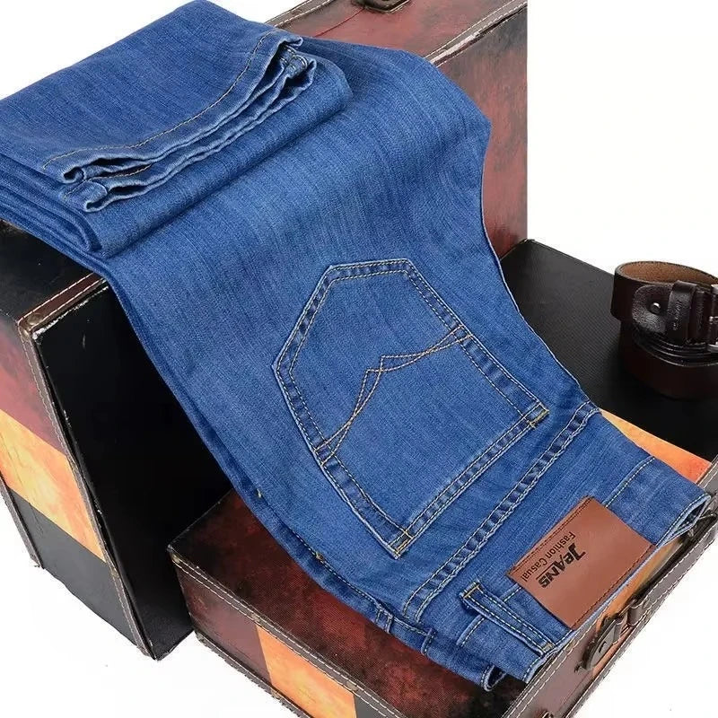 2025 nouveaux hommes mode affaires Jean Style classique décontracté Stretch mince Jean pantalon mâle marque Denim pantalon noir bleu