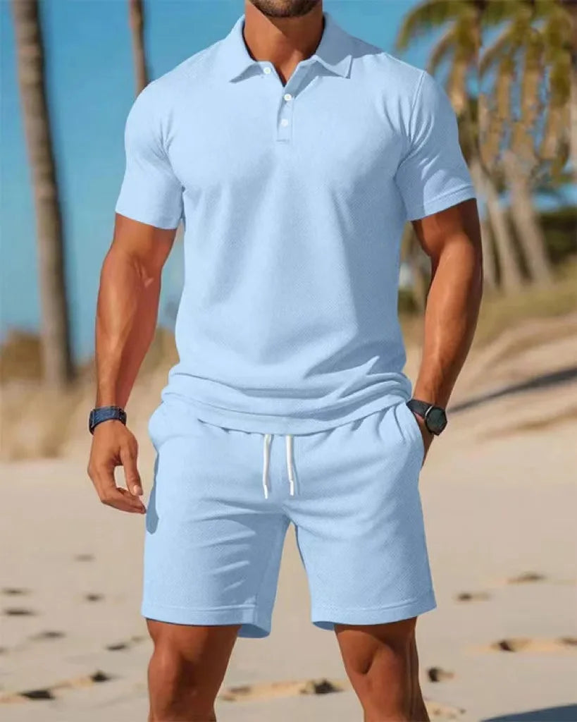 Ensemble chemise et Short à revers en maille pour hommes, décontracté, plage, été, confortable, respirant, ample, couleur unie,