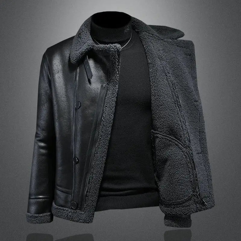 Veste bombardier d'hiver doublée de fausse peau de mouton pour hommes manteau en cuir de moto Vintage épaissi coupe-vent noir M-4XL - DOGOMET DIGITAL PLUS