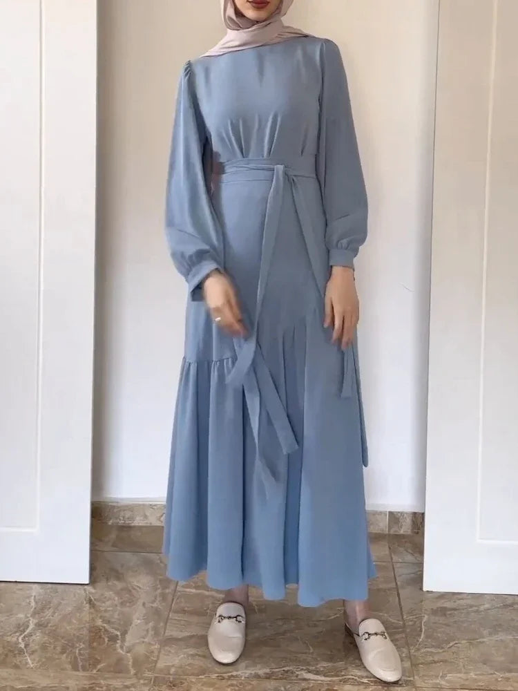 Women Eid Muslim Ensemble Two-Piece Set with Blouse And Skirt Islamic Kaftan Arab Casual Autumn Belted Ramadan Spliced Jalabiy