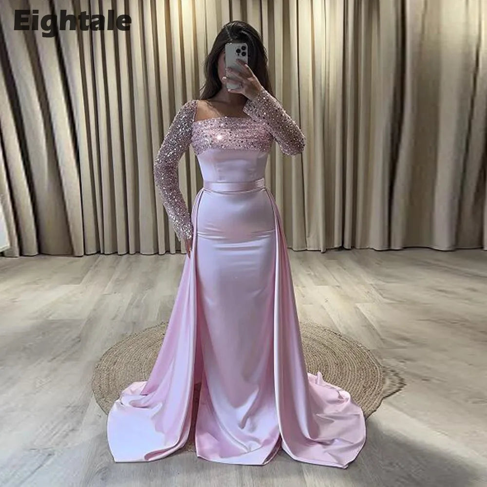 Eightale Black Evening Dresses with Detachable Skirt Sequin Long Sleeves Customized Prom Party Gown Wedding