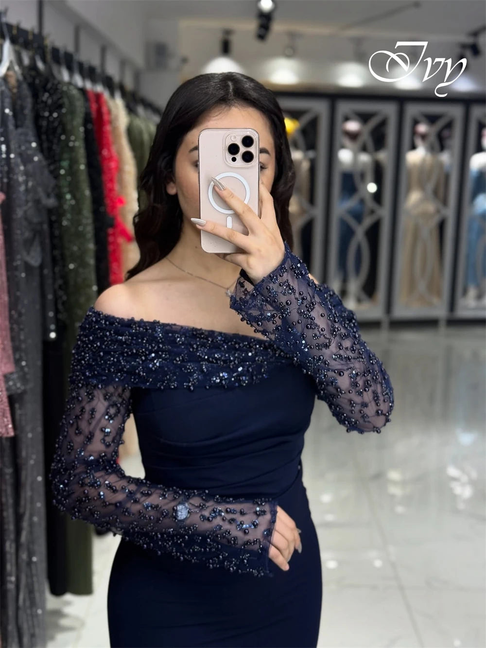 Customized Luxury Off the Shoulder Long Sleeves Evening Dress High Quality Jersey Prom Dresses Temperament Crystal Party Gowns