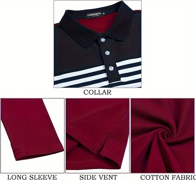European And N Men's Fashion, Striped Button Lapels For Outdoor Shirts, Men's Golf Shirts Four Seasons Men's T-shirts, Random Printing Long-sleeved Casual Men's Polo Shirts