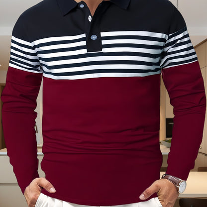 European And N Men's Fashion, Striped Button Lapels For Outdoor Shirts, Men's Golf Shirts Four Seasons Men's T-shirts, Random Printing Long-sleeved Casual Men's Polo Shirts