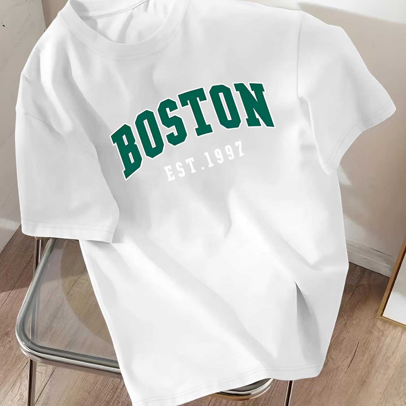 Green Letter & EST 1997 Print Men's T-shirts, Casual Comfortable Short Sleeve Crew Neck T-shirt For Summer Wear