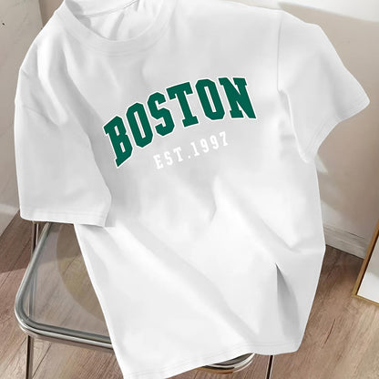 Green Letter & EST 1997 Print Men's T-shirts, Casual Comfortable Short Sleeve Crew Neck T-shirt For Summer Wear