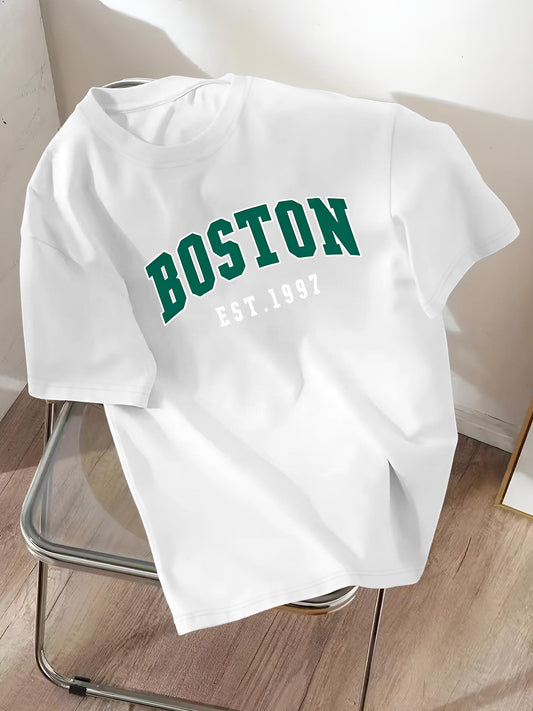 Green Letter & EST 1997 Print Men's T-shirts, Casual Comfortable Short Sleeve Crew Neck T-shirt For Summer Wear