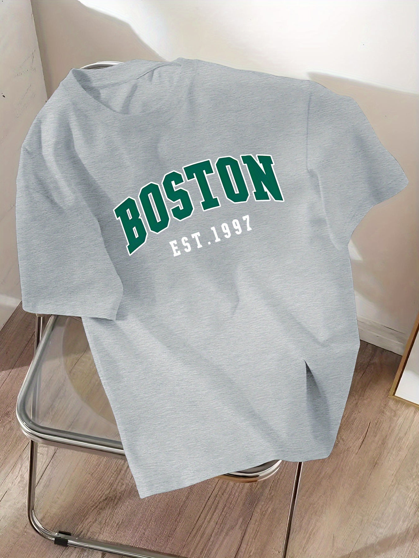 Green Letter & EST 1997 Print Men's T-shirts, Casual Comfortable Short Sleeve Crew Neck T-shirt For Summer Wear