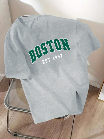 Green Letter & EST 1997 Print Men's T-shirts, Casual Comfortable Short Sleeve Crew Neck T-shirt For Summer Wear