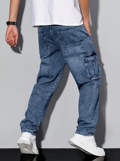 HME Men's Heavy-Duty Work Pants - Stretch Jeans with Multiple Utility Pockets, Elastic Waist Straight-Leg Fit, Machine Washable Classic Blue Denim Trousers for Everyday & Formal Wear - Plus-Size Available, Versatile Clothing,