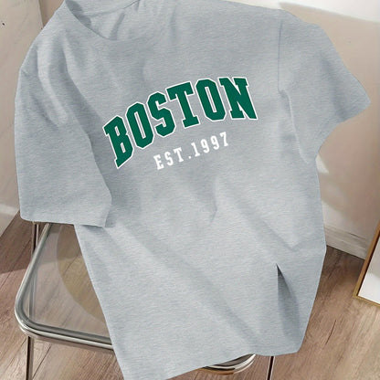 Green Letter & EST 1997 Print Men's T-shirts, Casual Comfortable Short Sleeve Crew Neck T-shirt For Summer Wear