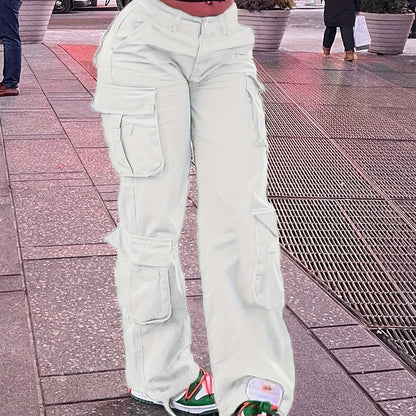 Women's Street Style Cargo Pants, Multi-Pocket Design, Denim Long Trousers Jeans, Casual And Trendy For Fall