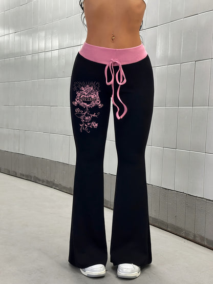 Women'S Flared Leg Pants - Non-See-Through Fabric with Floral Print, All-Season Casual Trousers for Everyday & Formal Outfits - Available in Black, Pink, Grey - Easy-Care Women'S Bottoms, Versatile Clothing, Nonseethrough Fab