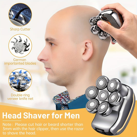 Men's Electronic Head Shaver Razor - Rechargeable Cordless Hair Shaving Razors For Bald Man 6 In 1 Wet Dry Beard Trimmer Body Hair Cutting Clipper Grooming Kit 7 Rotary Heads