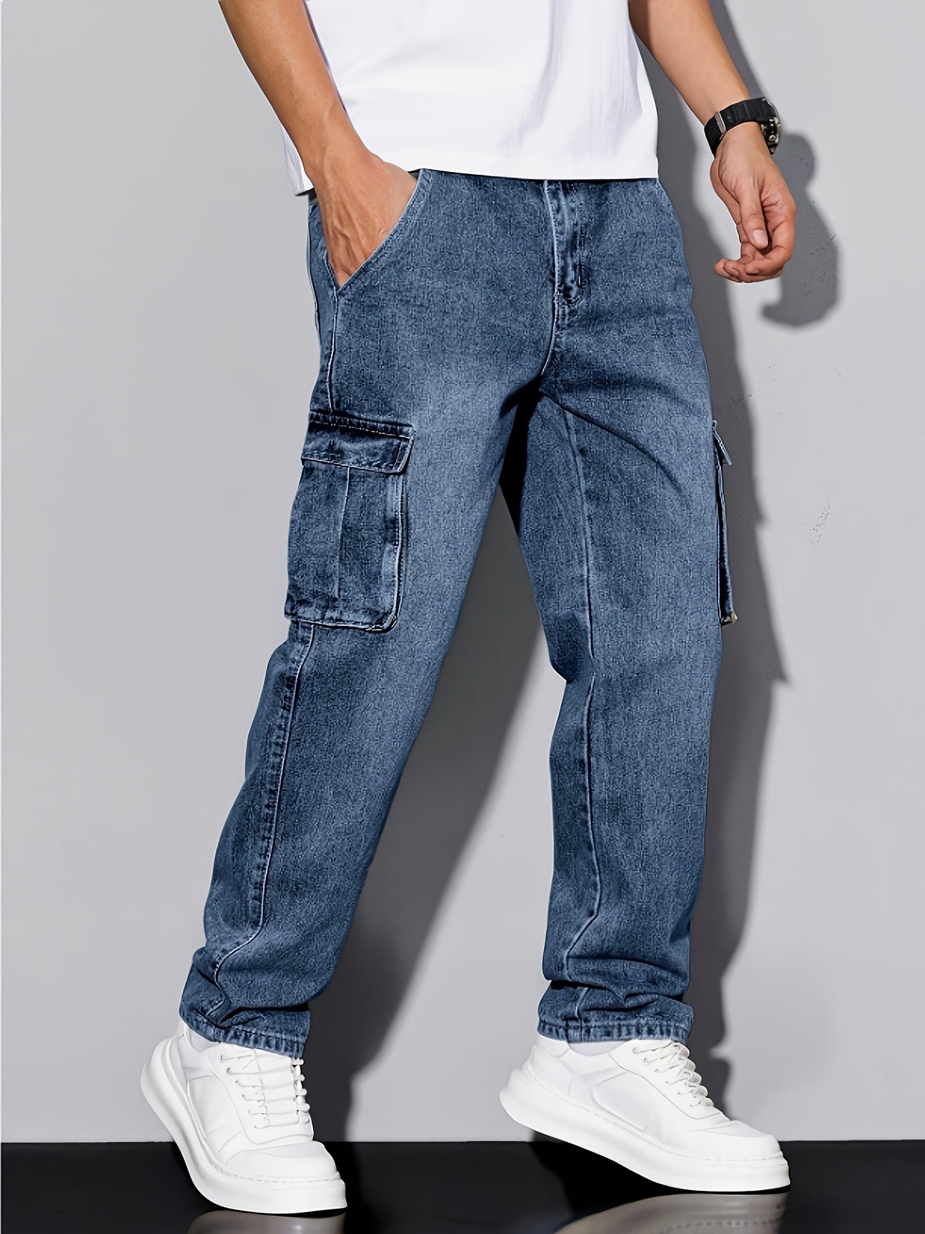 HME Men's Heavy-Duty Work Pants - Stretch Jeans with Multiple Utility Pockets, Elastic Waist Straight-Leg Fit, Machine Washable Classic Blue Denim Trousers for Everyday & Formal Wear - Plus-Size Available, Versatile Clothing,