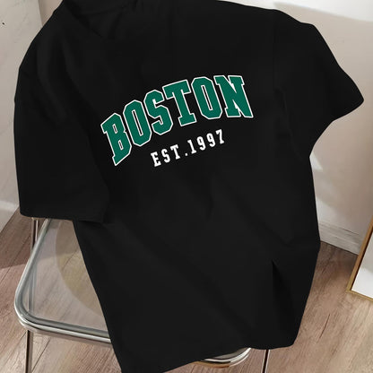 Green Letter & EST 1997 Print Men's T-shirts, Casual Comfortable Short Sleeve Crew Neck T-shirt For Summer Wear