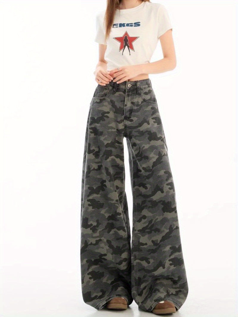 Women's American-Style Retro Camouflage Utility Jeans - 2025 Summer New Arrival, Straight-Leg, Loose-Fit,, Drapey Floor-Length Trousers, Jeans for Women, High Waisted Jeans for Women, High Waisted Straight Leg Jeans for Women