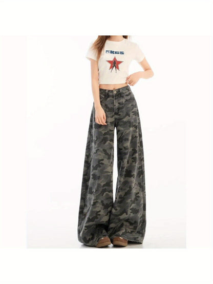 Women's American-Style Retro Camouflage Utility Jeans - 2025 Summer New Arrival, Straight-Leg, Loose-Fit,, Drapey Floor-Length Trousers, Jeans for Women, High Waisted Jeans for Women, High Waisted Straight Leg Jeans for Women