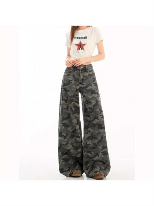 Women's American-Style Retro Camouflage Utility Jeans - 2025 Summer New Arrival, Straight-Leg, Loose-Fit,, Drapey Floor-Length Trousers, Jeans for Women, High Waisted Jeans for Women, High Waisted Straight Leg Jeans for Women