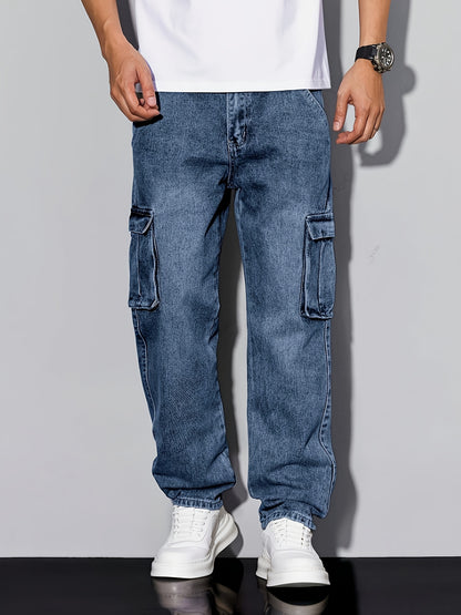 HME Men's Heavy-Duty Work Pants - Stretch Jeans with Multiple Utility Pockets, Elastic Waist Straight-Leg Fit, Machine Washable Classic Blue Denim Trousers for Everyday & Formal Wear - Plus-Size Available, Versatile Clothing,