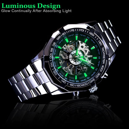 WINNER Luxury Gold Skeleton Automatic Watch for Men Luminous Pointers Royal Irregular Mechanical Watches Stainless Steel Strap