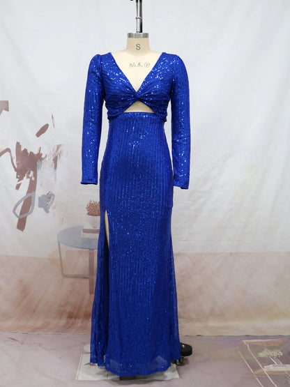 Wholesale Ladies Sexy Slit Cut-out Dresses V-neck Long Sleeve Sequined Clothes Party Evening Gown