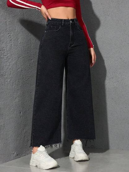 Women's Vintage Washed Solid High Rise Denim Jeans Breathable Washable Custom Loose Fit with Summer Pockets Waist Logo