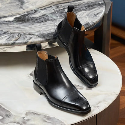 Korean-Style Square-Toe Men's High-Top Leather Boots, Brogue Carved Genuine Leather Chelsea Boots, Business Cap-Toe Ankle Boots