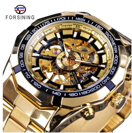 WINNER Luxury Gold Skeleton Automatic Watch for Men Luminous Pointers Royal Irregular Mechanical Watches Stainless Steel Strap