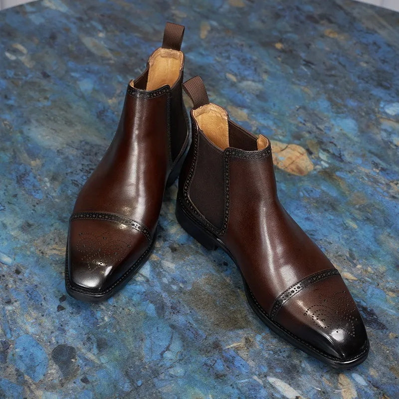 Korean-Style Square-Toe Men's High-Top Leather Boots, Brogue Carved Genuine Leather Chelsea Boots, Business Cap-Toe Ankle Boots