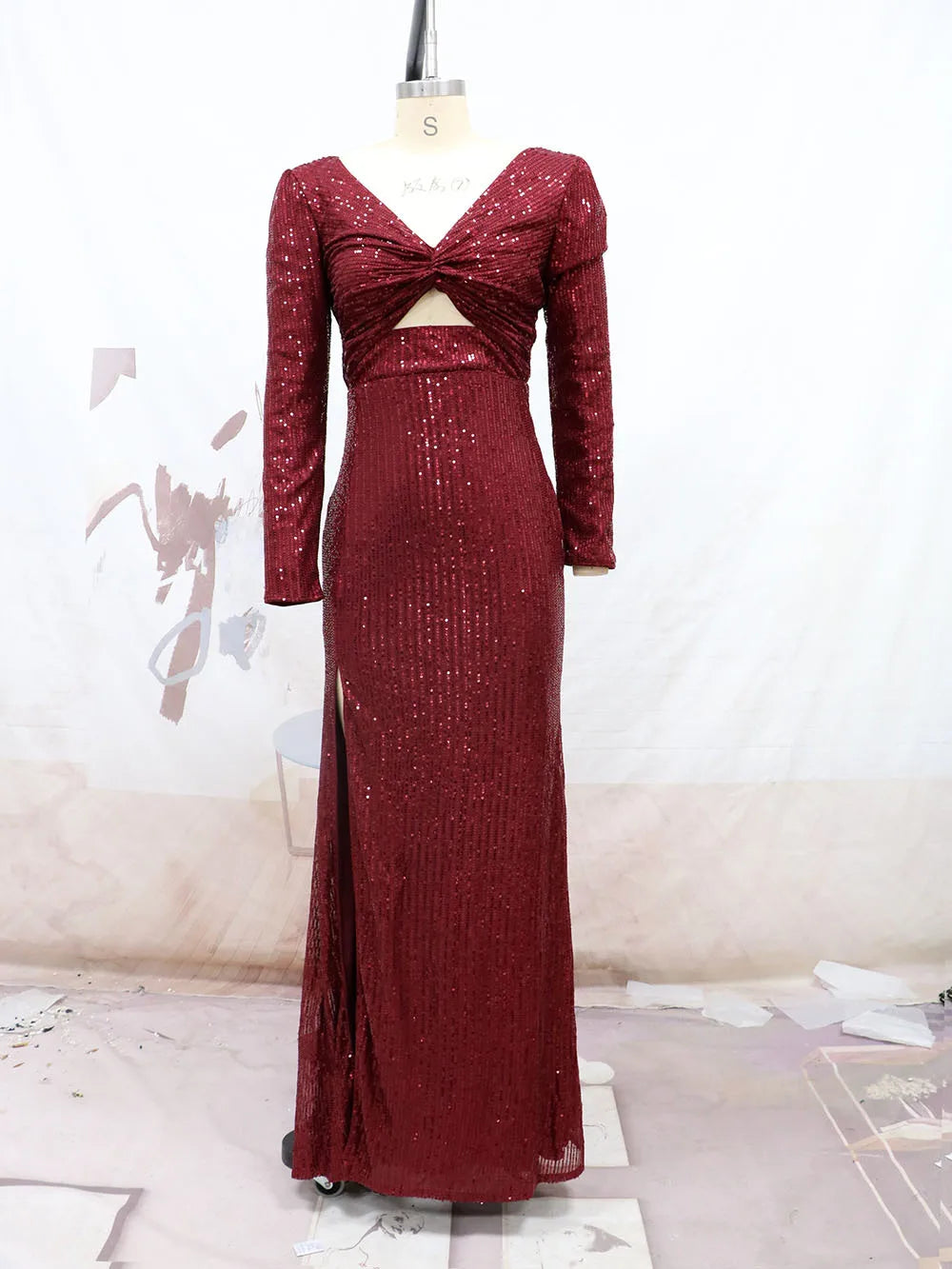 Wholesale Ladies Sexy Slit Cut-out Dresses V-neck Long Sleeve Sequined Clothes Party Evening Gown