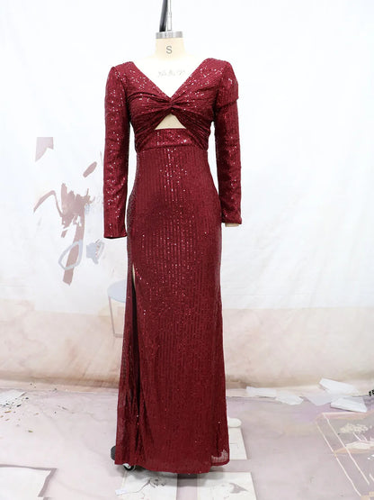 Wholesale Ladies Sexy Slit Cut-out Dresses V-neck Long Sleeve Sequined Clothes Party Evening Gown