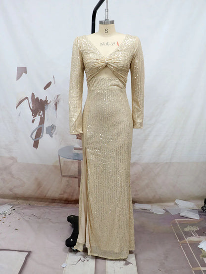 Wholesale Ladies Sexy Slit Cut-out Dresses V-neck Long Sleeve Sequined Clothes Party Evening Gown