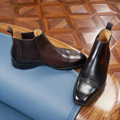 Korean-Style Square-Toe Men's High-Top Leather Boots, Brogue Carved Genuine Leather Chelsea Boots, Business Cap-Toe Ankle Boots