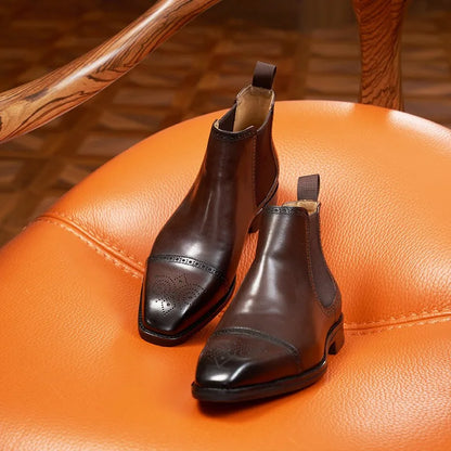 Korean-Style Square-Toe Men's High-Top Leather Boots, Brogue Carved Genuine Leather Chelsea Boots, Business Cap-Toe Ankle Boots