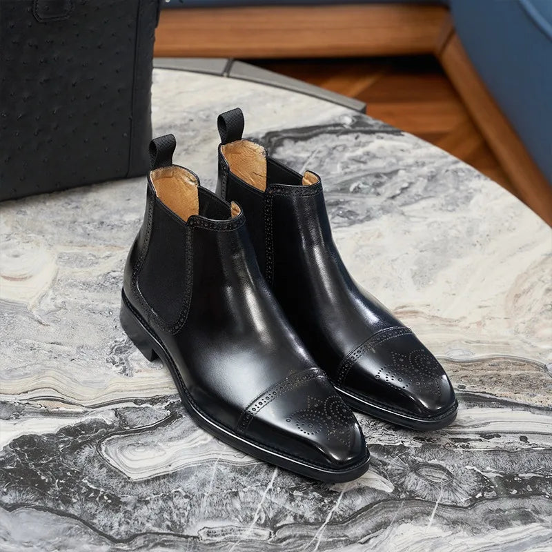 Korean-Style Square-Toe Men's High-Top Leather Boots, Brogue Carved Genuine Leather Chelsea Boots, Business Cap-Toe Ankle Boots
