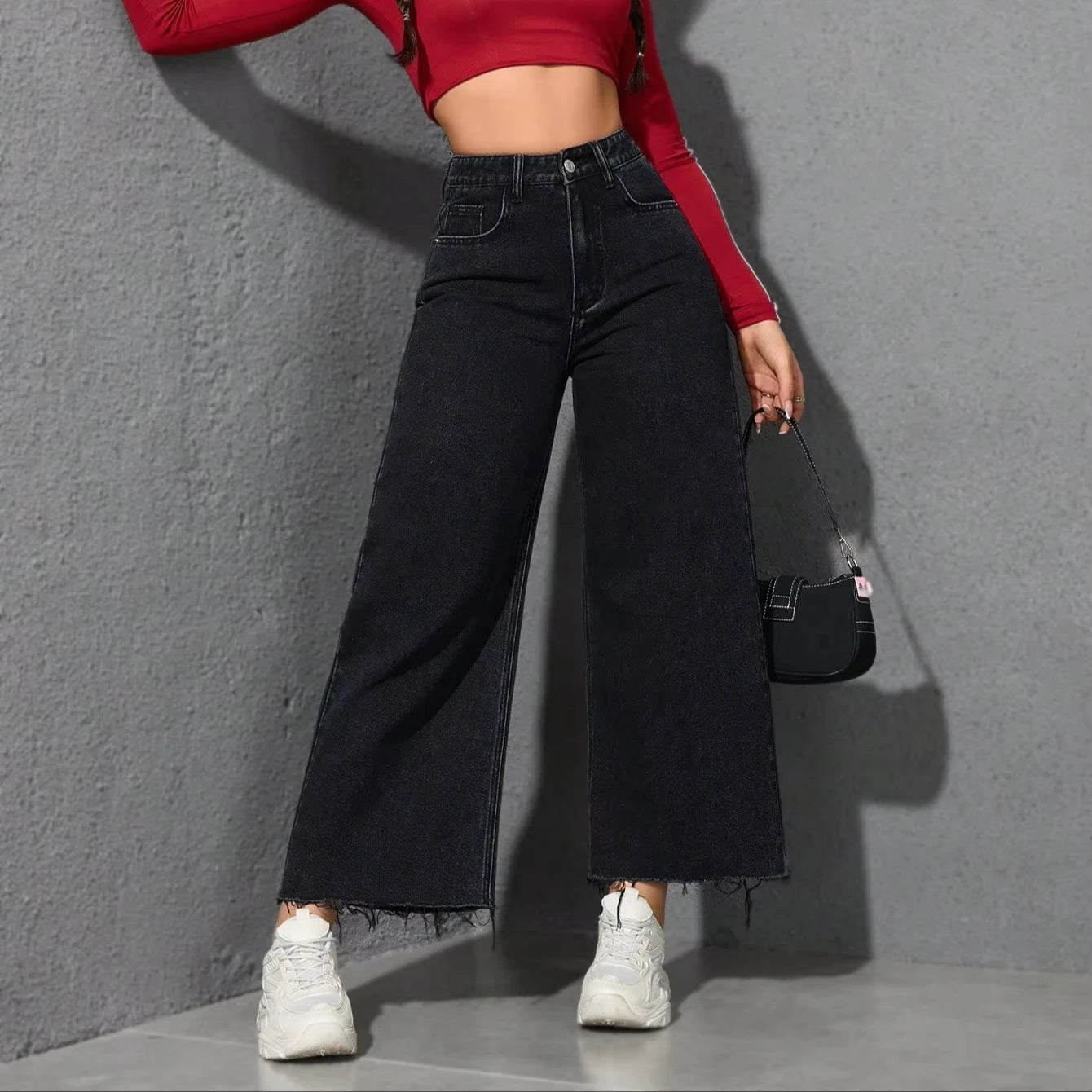 Women's Vintage Washed Solid High Rise Denim Jeans Breathable Washable Custom Loose Fit with Summer Pockets Waist Logo