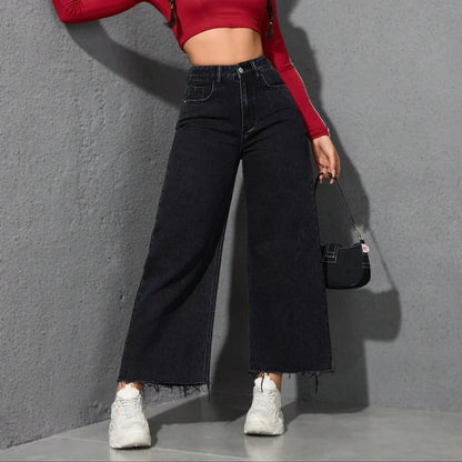 Women's Vintage Washed Solid High Rise Denim Jeans Breathable Washable Custom Loose Fit with Summer Pockets Waist Logo