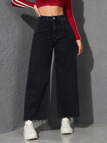 Women's Vintage Washed Solid High Rise Denim Jeans Breathable Washable Custom Loose Fit with Summer Pockets Waist Logo