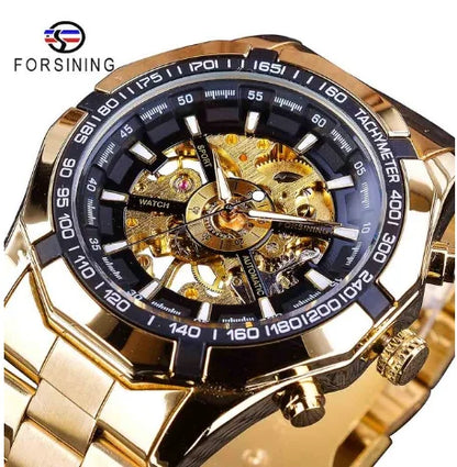 WINNER Luxury Gold Skeleton Automatic Watch for Men Luminous Pointers Royal Irregular Mechanical Watches Stainless Steel Strap