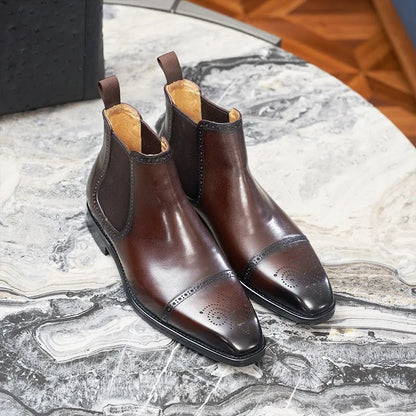 Korean-Style Square-Toe Men's High-Top Leather Boots, Brogue Carved Genuine Leather Chelsea Boots, Business Cap-Toe Ankle Boots