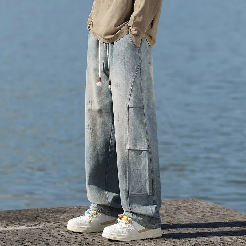 Jean pour hommes, style américain, vintage, délavé, épissage de plis, modèles de printemps et d'automne, pantalons droits amples