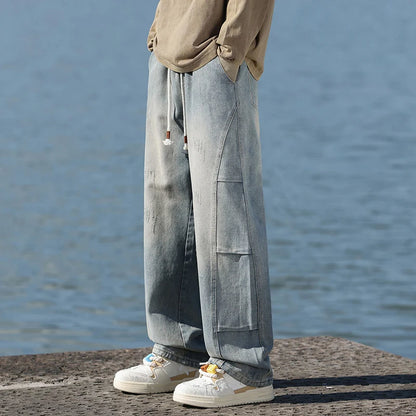 Jean pour hommes, style américain, vintage, délavé, épissage de plis, modèles de printemps et d'automne, pantalons droits amples