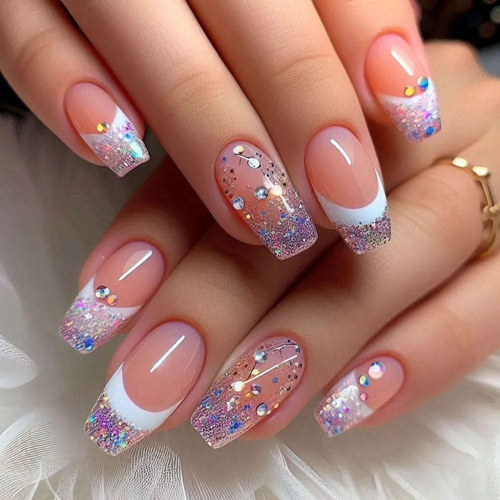 Faux ongles français à paillettes violettes et étoilées, avec strass, doux et Cool, à pression, couverture complète, pointes de manucure en acrylique, 24 pièces