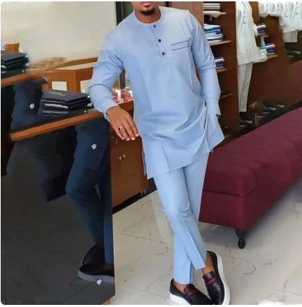 Wedding Suit For Men White Embroidered Pocket Top Pants Ensemble Homme African Traditional Casual Wear 2Pcs Sets Kaftan Outfits